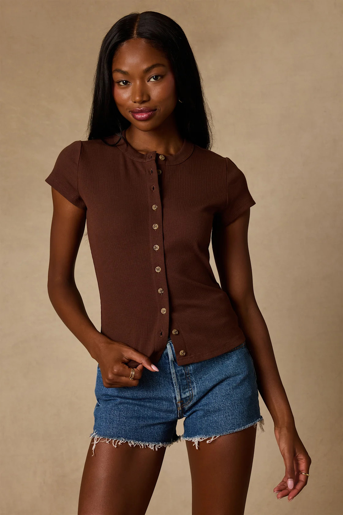 Annalena Brown Ribbed Button-Front Short Sleeve Top | Lulus