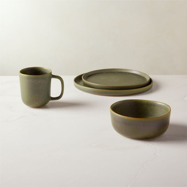 Drift 4-Piece Green Dinnerware Set with Soup Bowl with Reactive Glaze | CB2