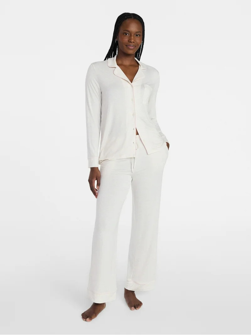 Joyspun Women’s Sleep Modal Long Sleeve Notch Top and Pants Pajama Set, Size XS-XL, 2X-3X | Walmart (US)