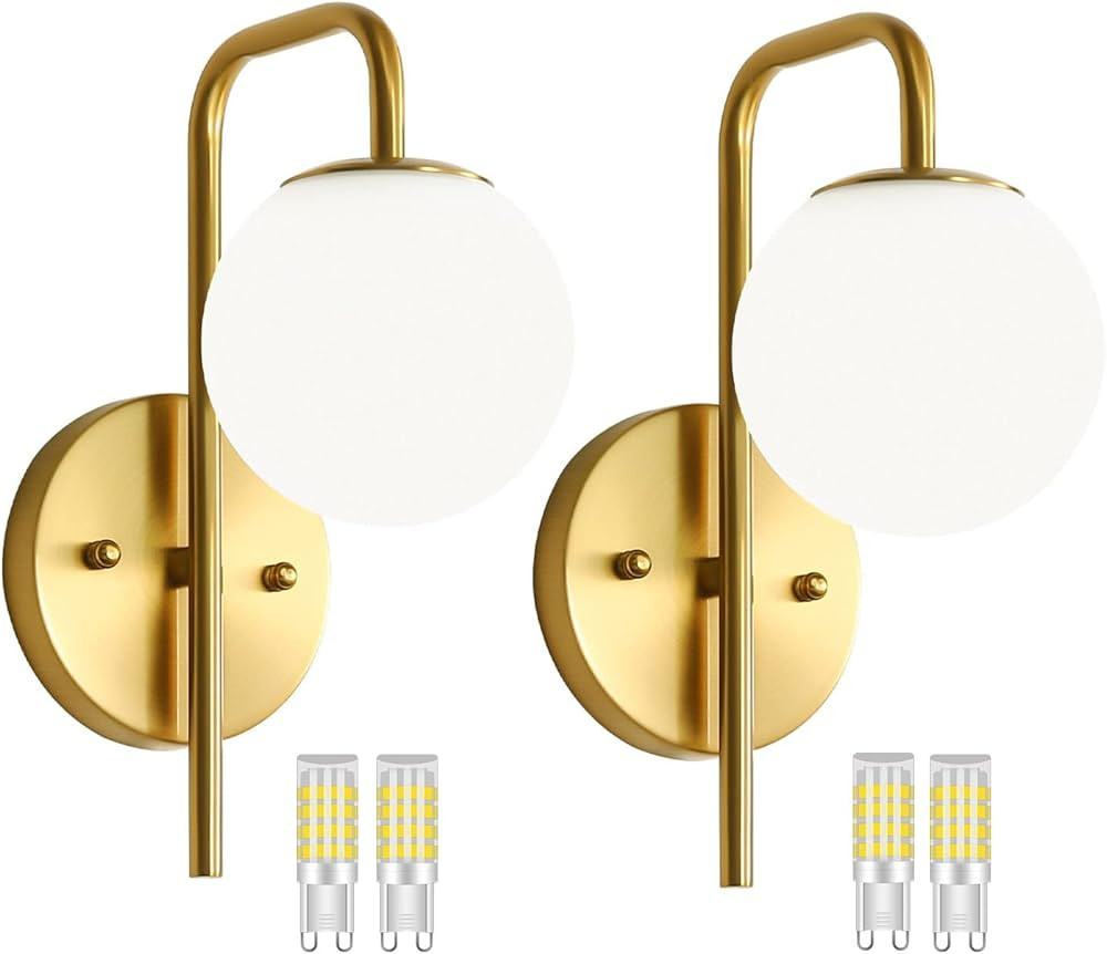 Gold Wall Sconces, Brushed Brass Wall Sconces Set of Two, Globe Wall Sconce with Frosted Glass, M... | Amazon (US)