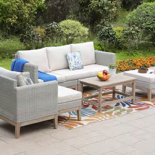 PHI VILLA 5-Piece Rattan Wood Outdoor Patio Conversation Set with Beige Cushions, 2 Ottomans and ... | The Home Depot