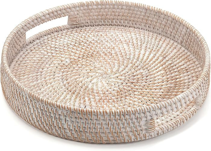 14" Round Rattan Tray, Hand Woven Serving Tray with Handles, Wicker Serving Basket, Decorative Tr... | Amazon (US)
