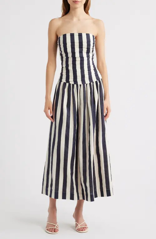 MOON RIVER Stripe Ruched Strapless Midi Dress in Navy at Nordstrom, Size Small | Nordstrom