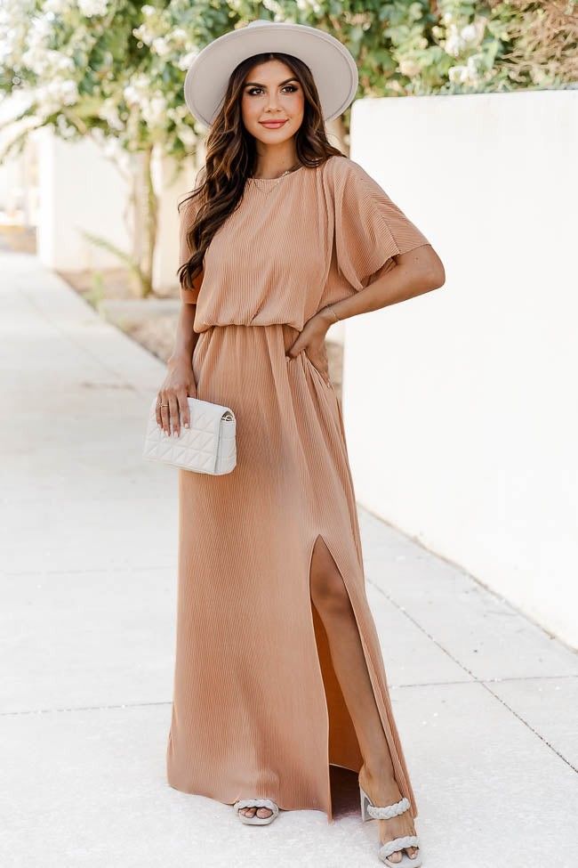 A Step Above Camel Pleated Short Sleeve Maxi Dress Pink Lily Code | Pink Lily