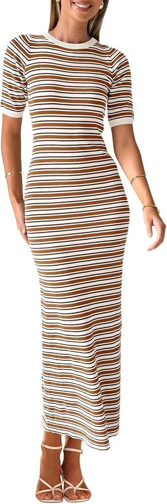 Ferlema Women's Summer Dresses 2024 Crew Neck Short Sleeve Maxi Dress Causal Stripes Ribbed Knit ... | Amazon (US)