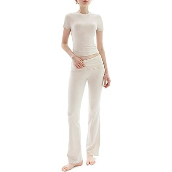 PUMIEY Women's 2 Piece Lounge Sets Short Sleeve Tops Fold-Over Flare Pants Casual Outfits Matchin... | Amazon (US)