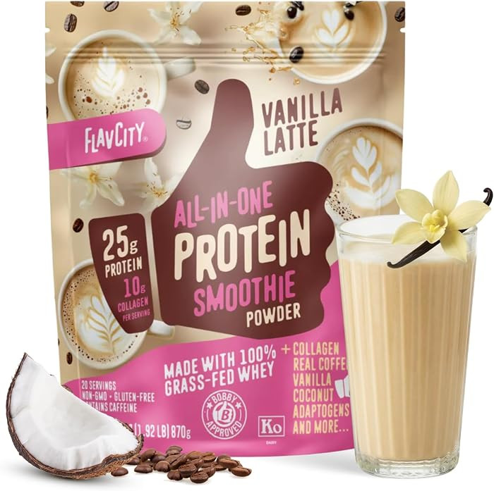 FlavCity All in One Protein Shake Powder, Vanilla Latte - 60mg Caffeine + Collagen Peptides, Reis... | Amazon (US)