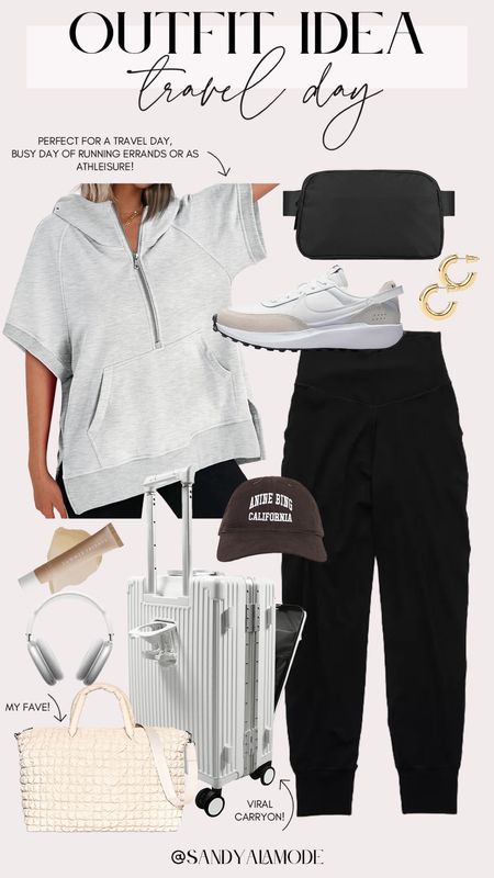 Travel day look | Amazon travel outfit | Amazon athleisure | short sleeve hoodie | neutral Nike sneakers | airport ootd | Amazon belt bag | viral carryon suitcase | black joggers | cute travel day look 

#LTKfitness #LTKstyletip #LTKtravel