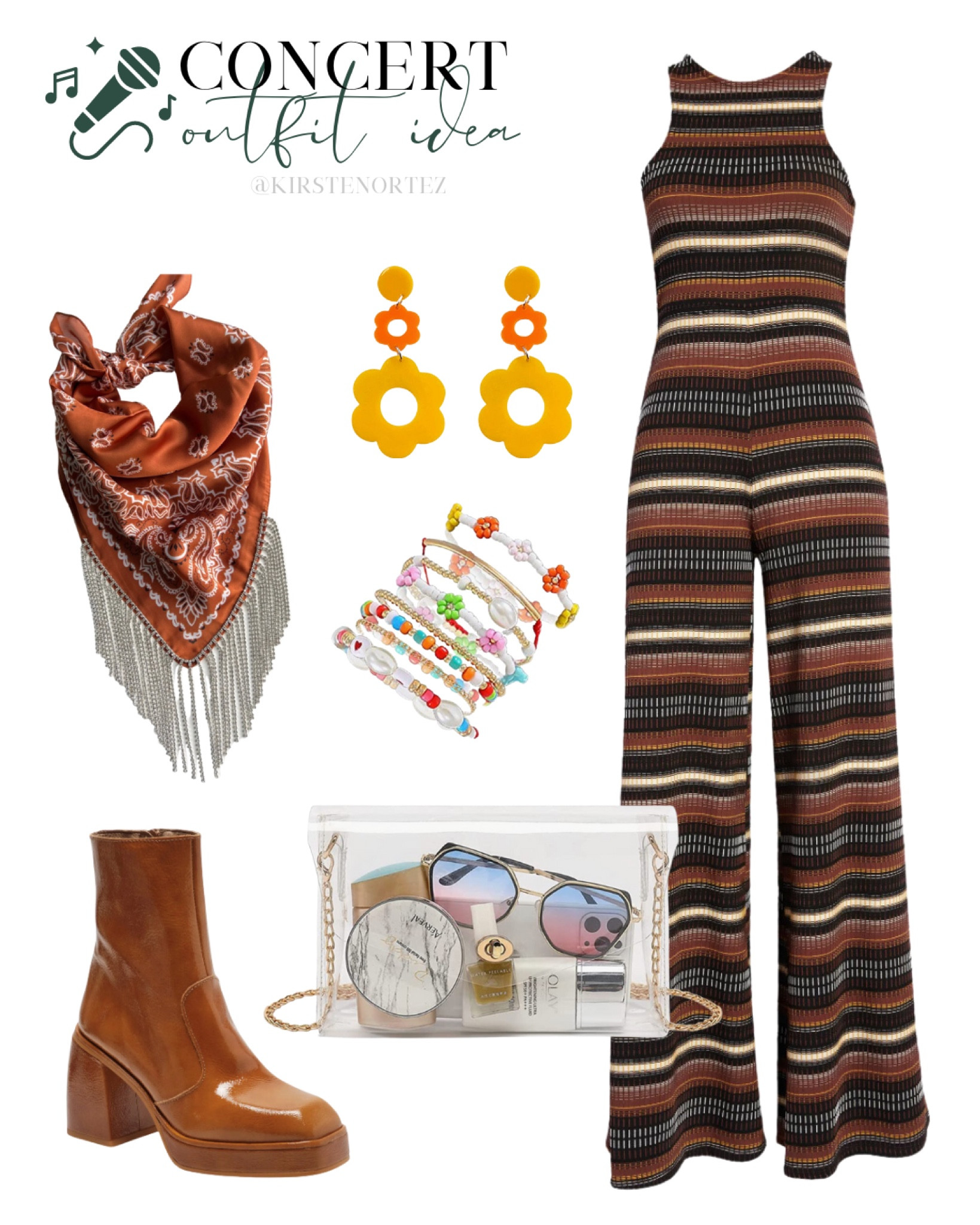Concert outfit idea, concert outfit inspo, Harry styles concert outfit, Harry styles concert outfit idea, Harry styles outfit idea, retro outfit idea, knit jumpsuit, chunky booties, tassel bandana, floral jewelry, concert bag

#LTKshoecrush #LTKitbag #LTKFestival