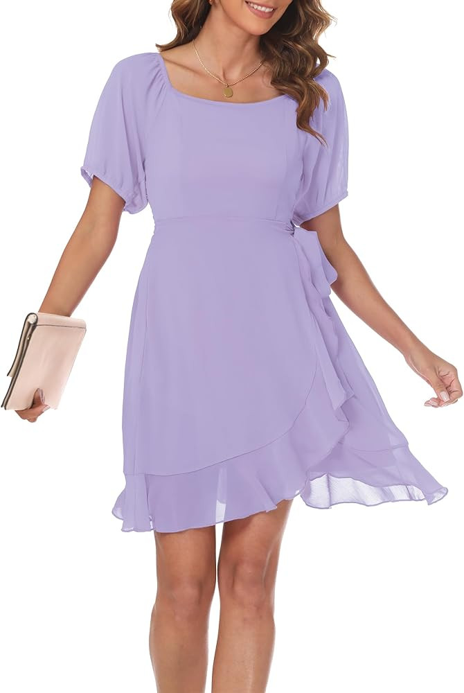 Womens Summer Dresses Square Neck Puff Sleeve Flowy Casual Dress Chiffon A-Line Tie Waist Swing M... | Amazon (US)