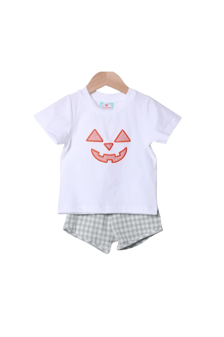 Jack O Lantern Green Seersucker Short Set | The Smocked Flamingo