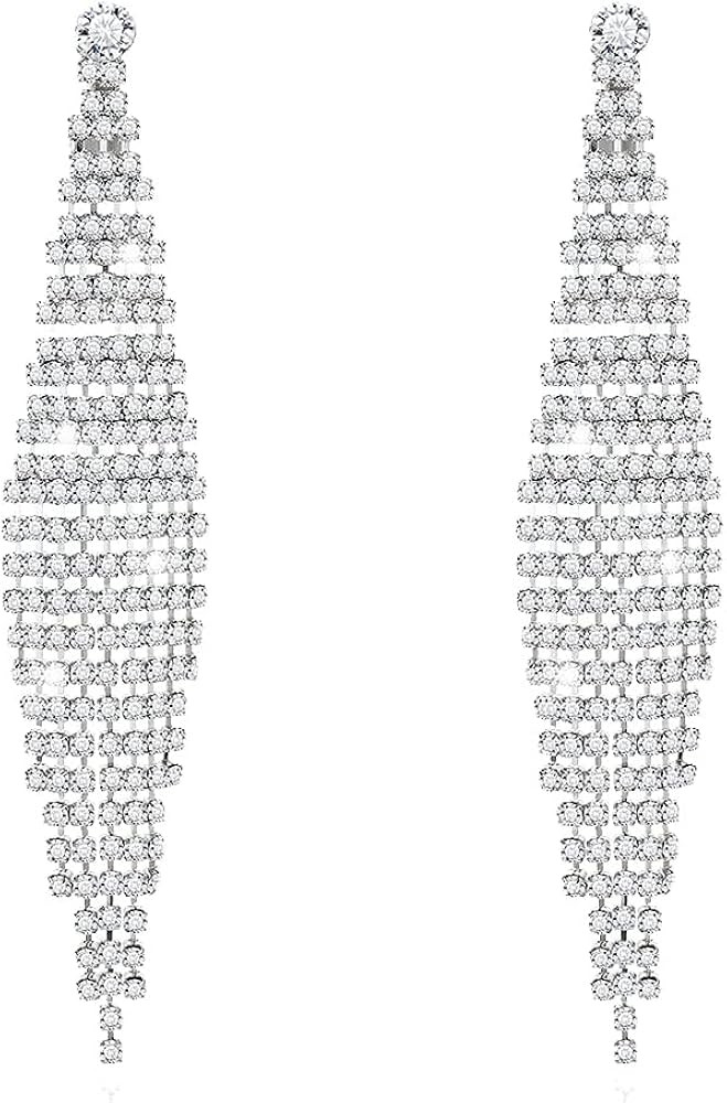 Sterling Silver Chandelier Earrings Sparkling Long Tassel Rhinestones Earrings for Wedding Elegan... | Amazon (US)