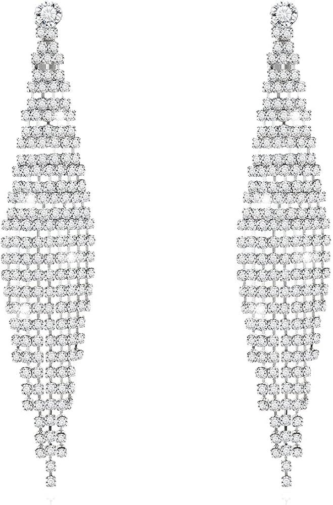 Sterling Silver Chandelier Earrings Sparkling Long Tassel Rhinestones Earrings for Wedding Elegan... | Amazon (US)