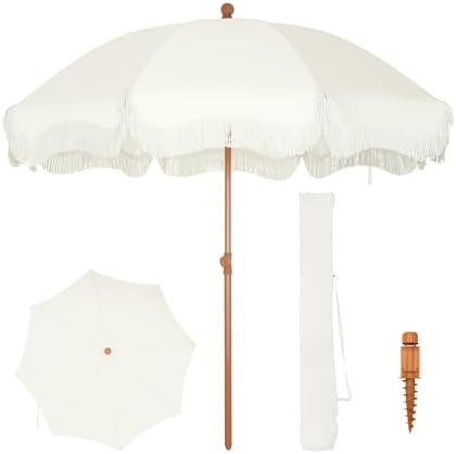 PHI VILLA Beach Umbrella 2M, Portable Fringed Garden Parasol with Ground Drill, Boho Patio Umbrel... | Amazon (UK)