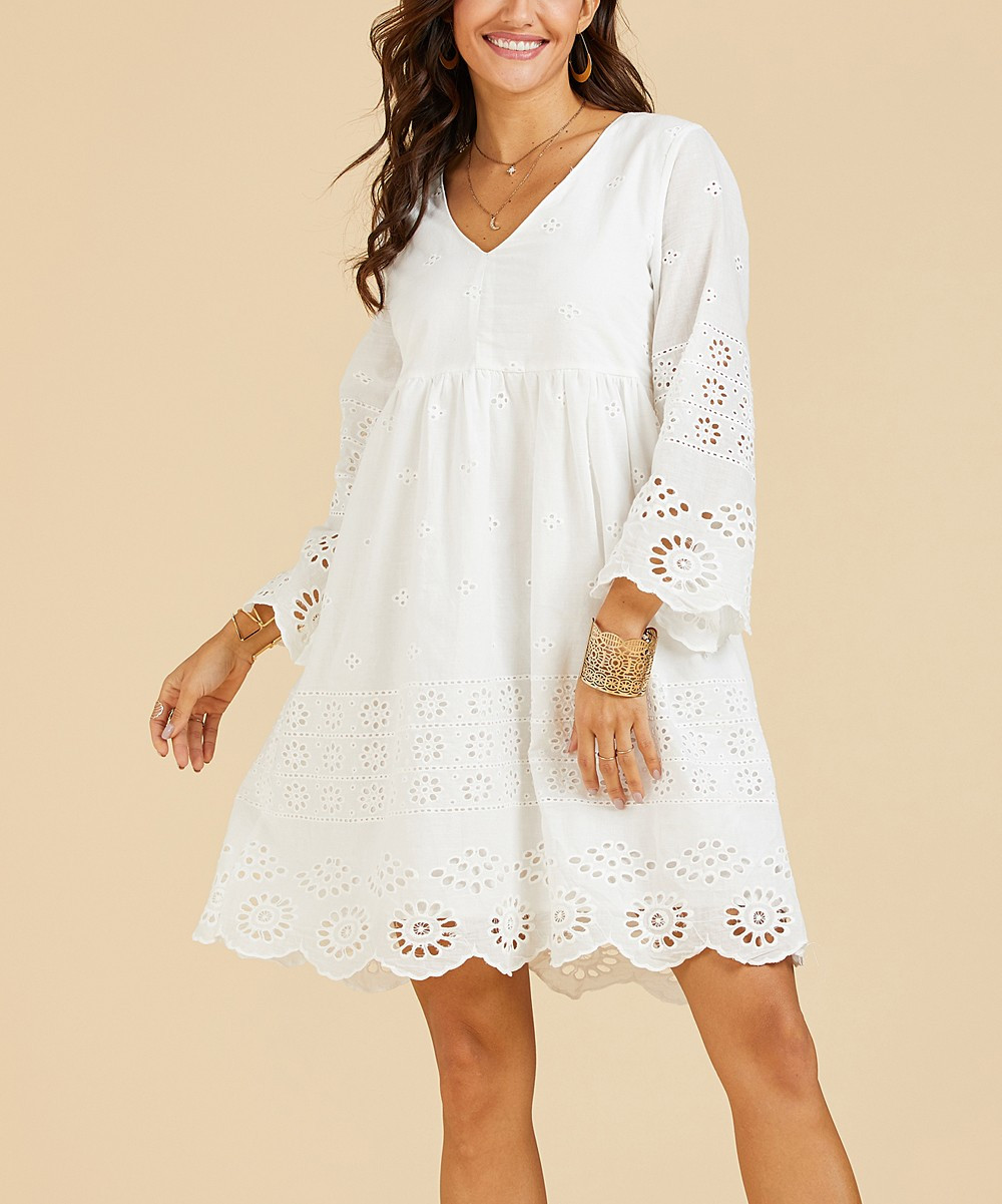 Suzanne Betro Dresses Women's Casual Dresses 102ivory - Ivory Eyelet Bell-Sleeve Empire-Waist Dress  | Zulily