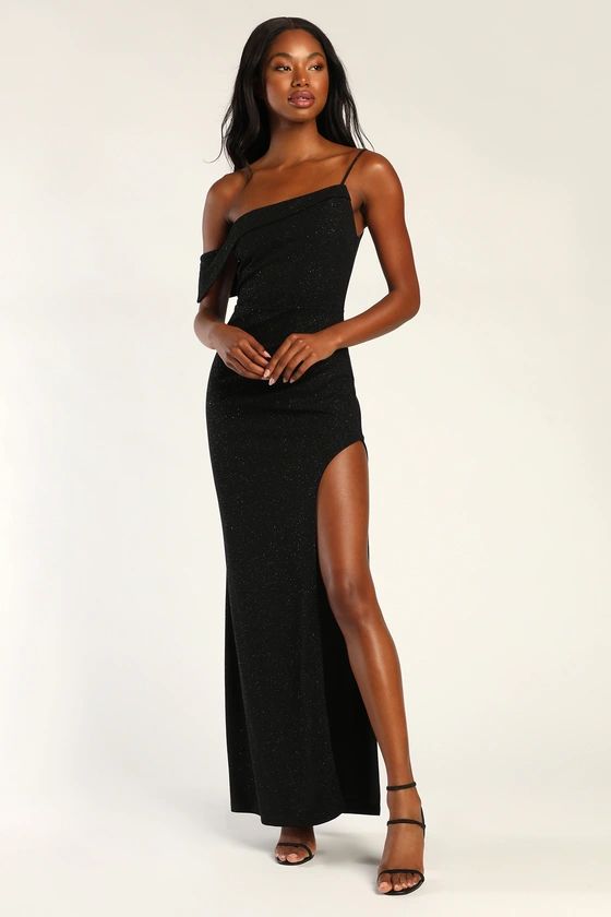 Sparkling Attraction Black Glitter Asymmetrical Maxi Dress | Lulus (US)