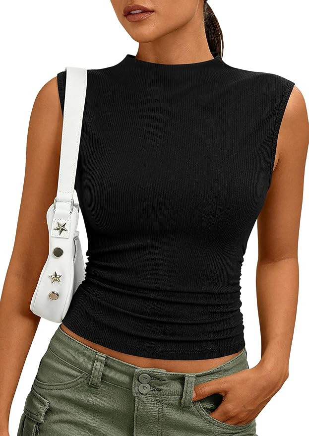 PRETTYGARDEN Sleeveless Tops for Women Ribbed Mock Neck Tank Top Slim Fitted Ruched Basic Layerin... | Amazon (US)