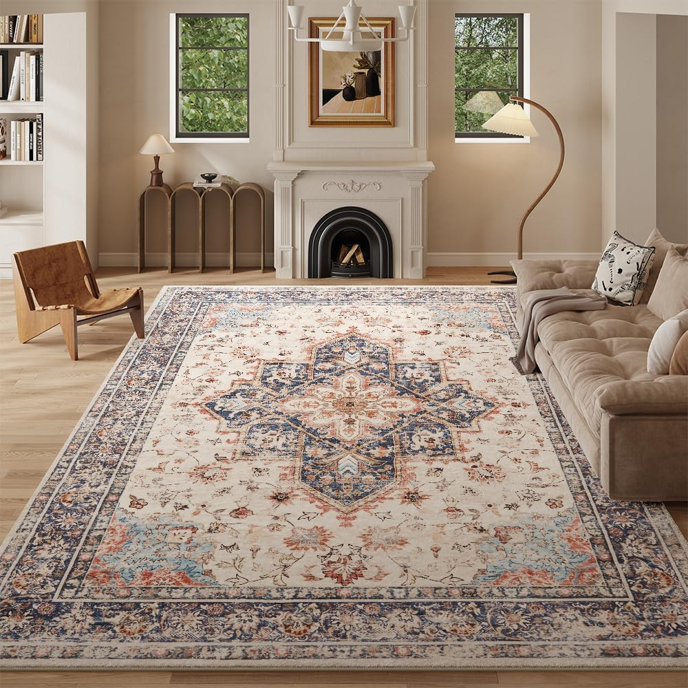 8x10 Beige Blue Orange Washable Area Rug for Living Room, Vintage Print | Amazon (US)