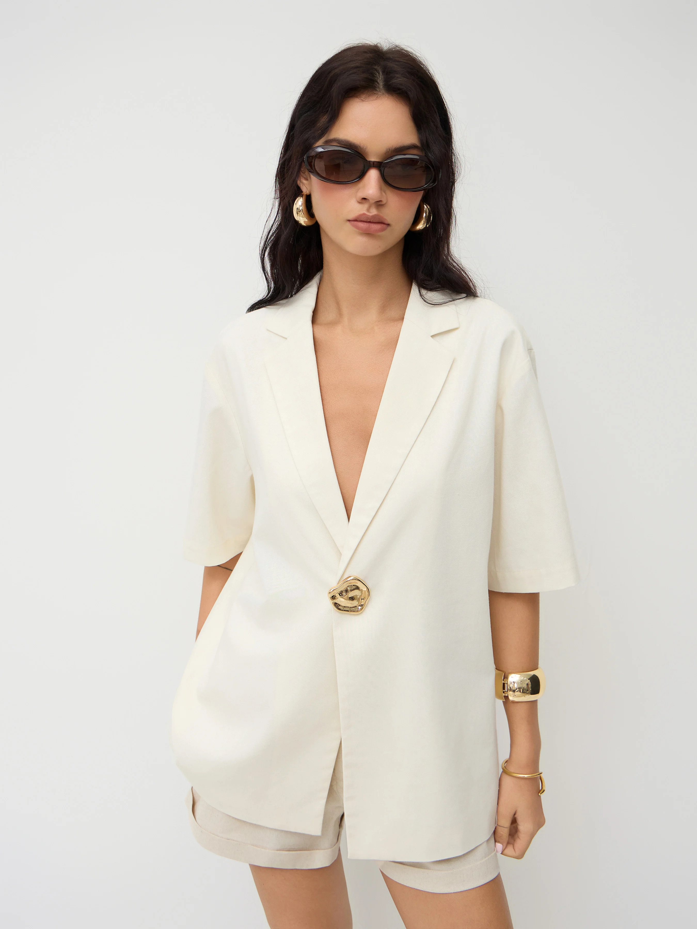 Linen-blend Linen-blend Collar Metal Button Oversized Blazer For Work | Cider