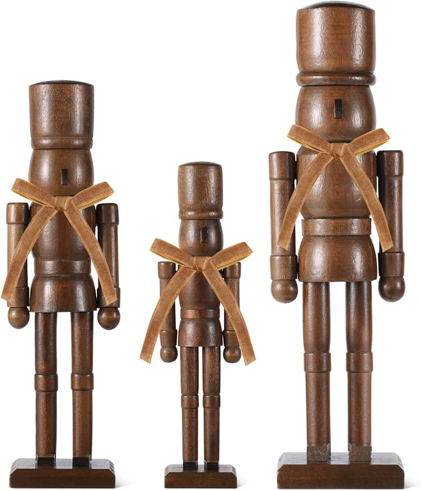 3 Pack Christmas Nutcracker Figures with Velvet Bow 12'' 10'' 8'' Brown Wooden Nutcracker Soldier... | Amazon (US)