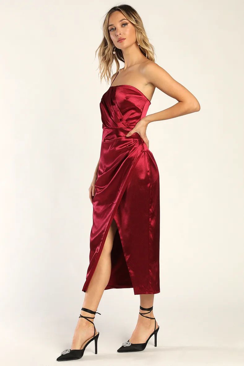 Glamorous Entrance Wine Red Satin One Shoulder Midi Dress | Lulus