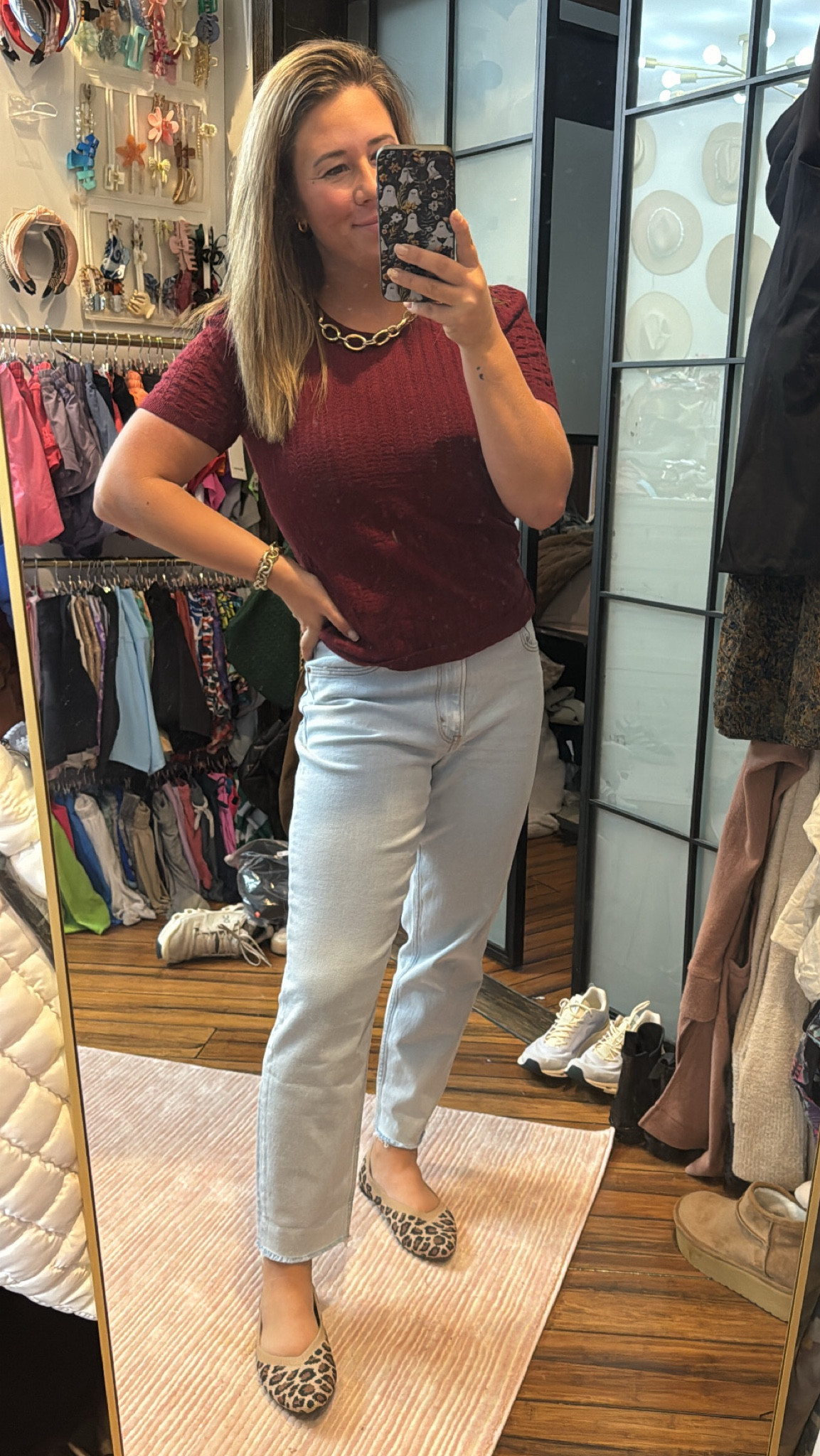 Perfect fall top! High waisted mom jeans on sale today! The softest flats! 
Wearing small top, 4 in jeans, and tts 7 in flats 

Burgundy top, high rise mom jeans, curvy jeans, Abercrombie jeans, Kohls, leopard flats, gold necklace, fall outfit, casual fall outfit, style over 30, style over 40, petite style 

#LTKFindsUnder50 #LTKFallSale #LTKSaleAlert