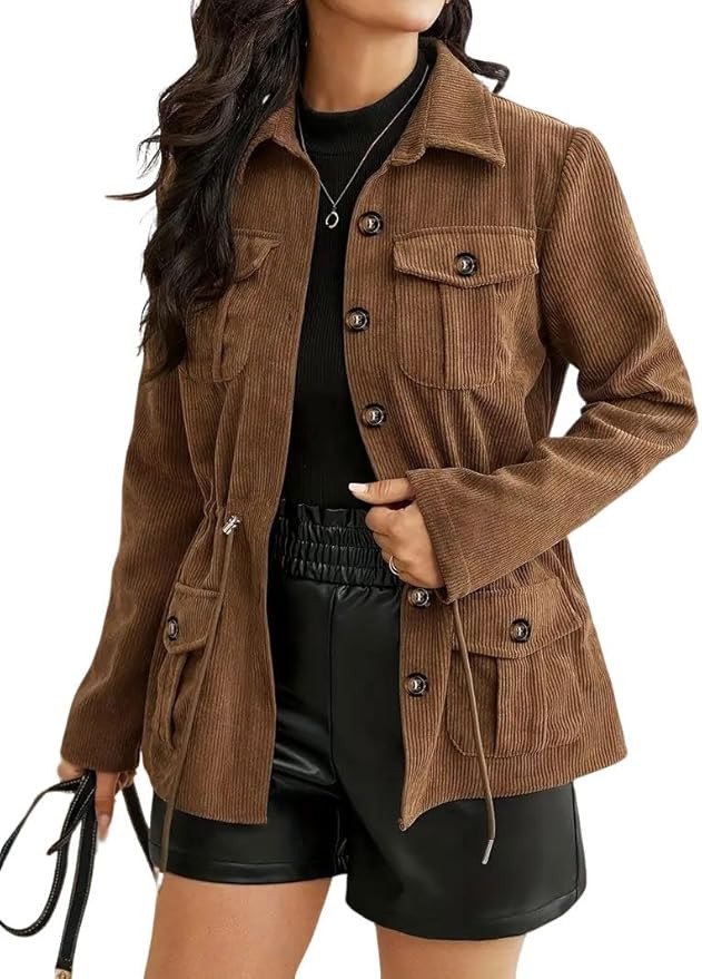 utcoco Women's Corduroy Jacket Button Down Drawstring Waist Lapel Casual Outerwear with Pockets | Amazon (US)