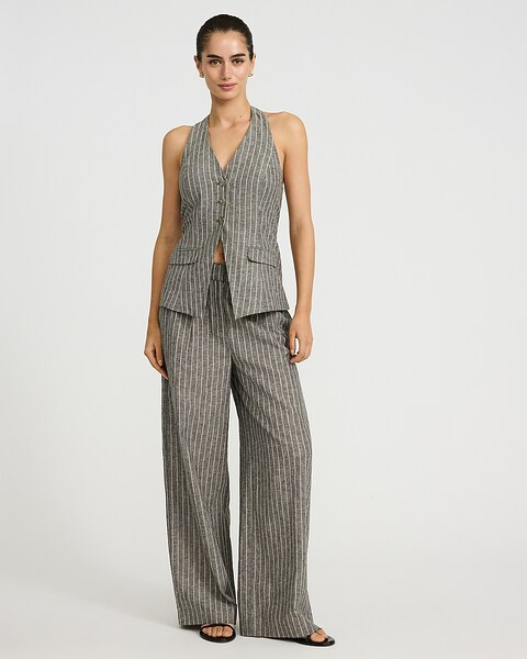 Two Piece Set: Cotton-linen Striped Halter Cutaway Tailored Vest + Cotton-linen Striped High Waisted Relaxed Trouser | Express