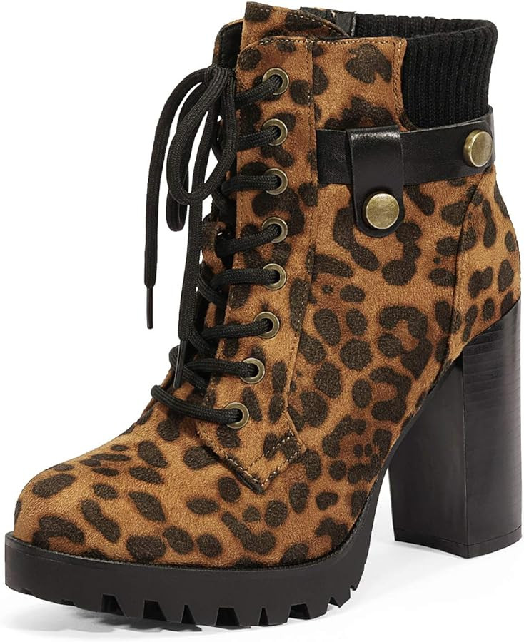 DREAM PAIRS Women's Lace up Combat Ankle Boots High Chunky Heel Fashion Heeled Booties Shoes | Amazon (US)