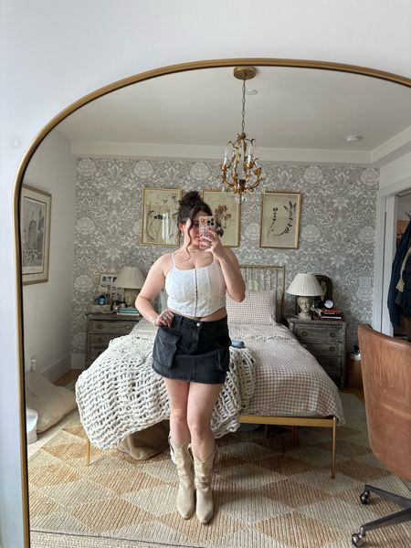 In love with the black denim cargo skirt styles with a eyelet corset top and suede cowboy boots

#LTKmidsize #LTKfindsunder50 #LTKstyletip