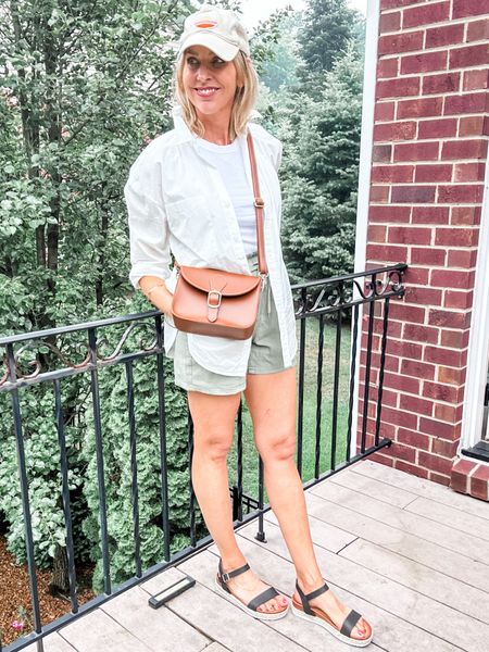 Casual summer outfit. Drawstring shorts. Amazon sandals. Recreating Pinterest outfit idea. Shorts run slightly small. Size up if between sizes. 

#LTKunder100 #LTKSeasonal #LTKstyletip