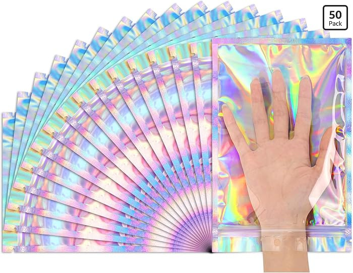 Funfery 6.3x9.4in Smell Proof Holographic Resealable Bags,Mylar Foil Bags with Zipper,Iridescent ... | Amazon (US)