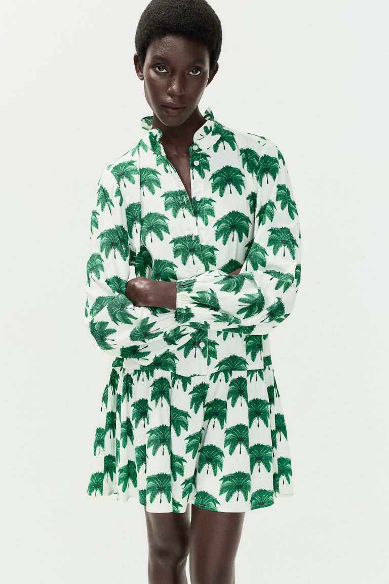 Ruffle-collar Dress - Long sleeve - Short - White/green patterned - Ladies | H&M US | H&M (US + CA)