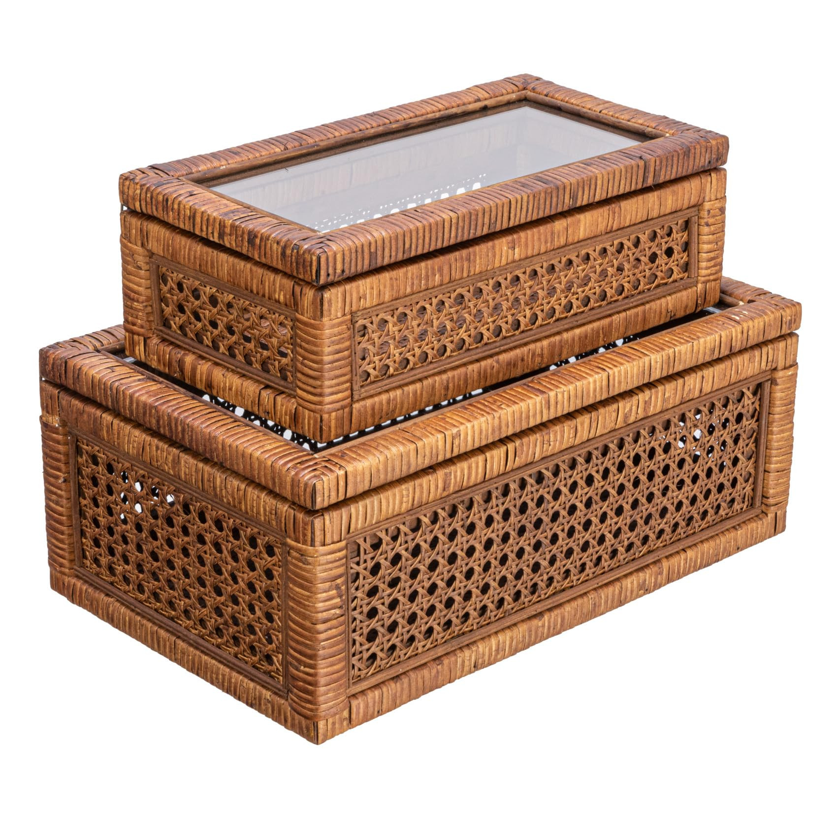 Creative Co-Op Modern Decorative Rectangle Woven Rattan and Wood Display Boxes with Glass Top, Se... | Amazon (US)