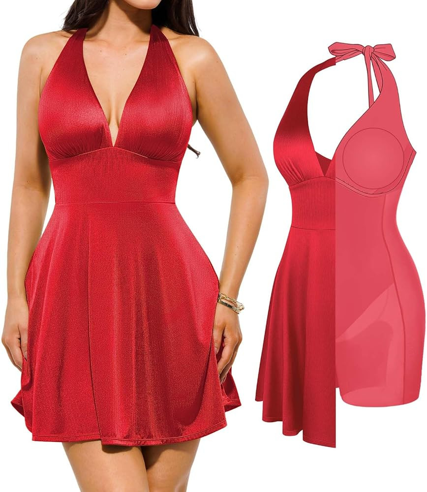 Popilush Halter Dresses for Women Backless Shapewear Mini Dress Deep V Neck Bow Tie A-Line Club P... | Amazon (US)