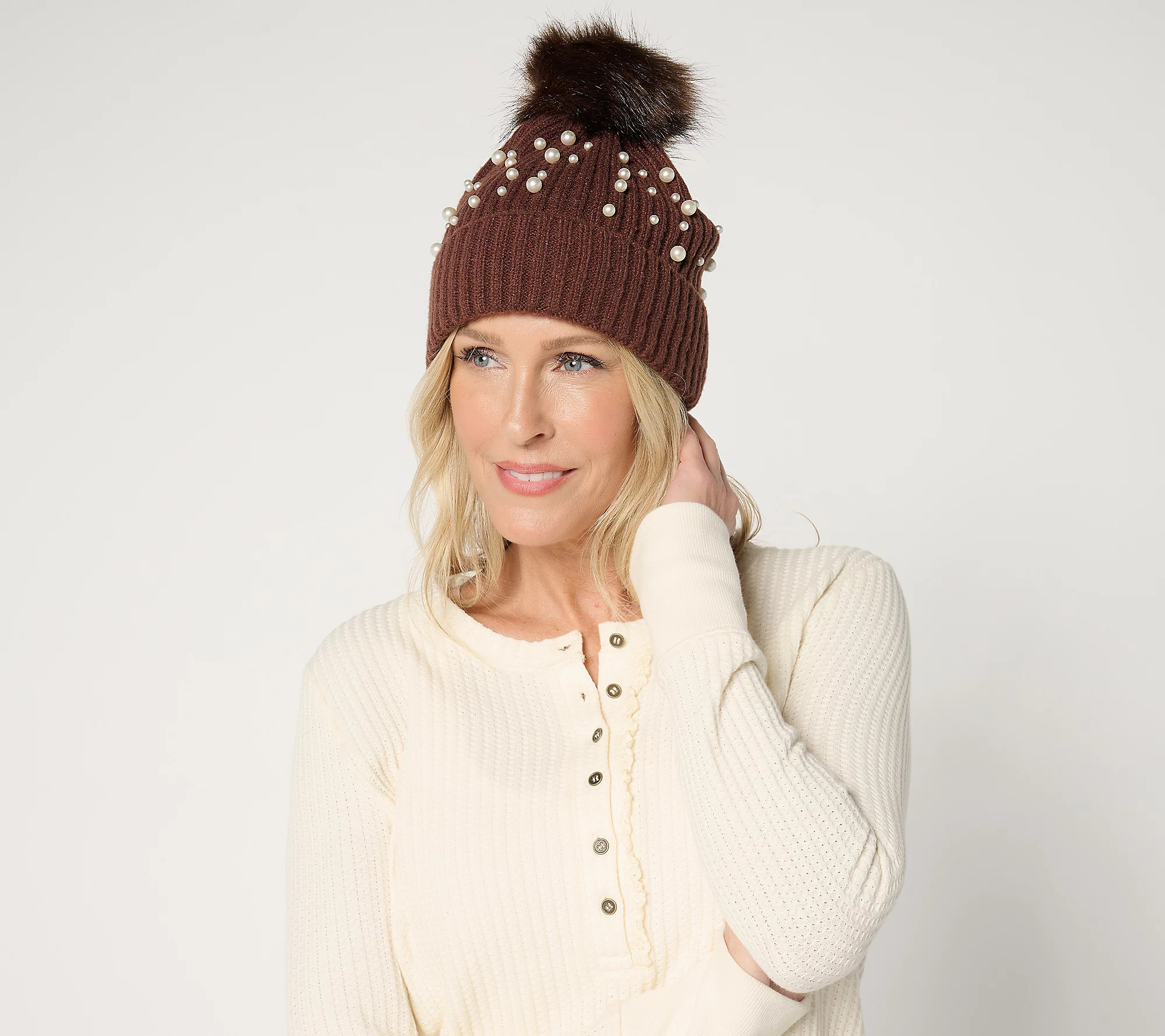 Complliments Faux Pearl Beanie with Pom Pom | QVC