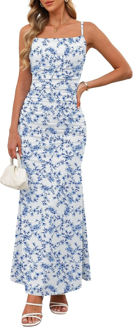 Women Sleeveless Spaghetti Strap Floral Maxi Dress Ruched Bodycon Beach Wedding Guest Backless Lo... | Amazon (US)