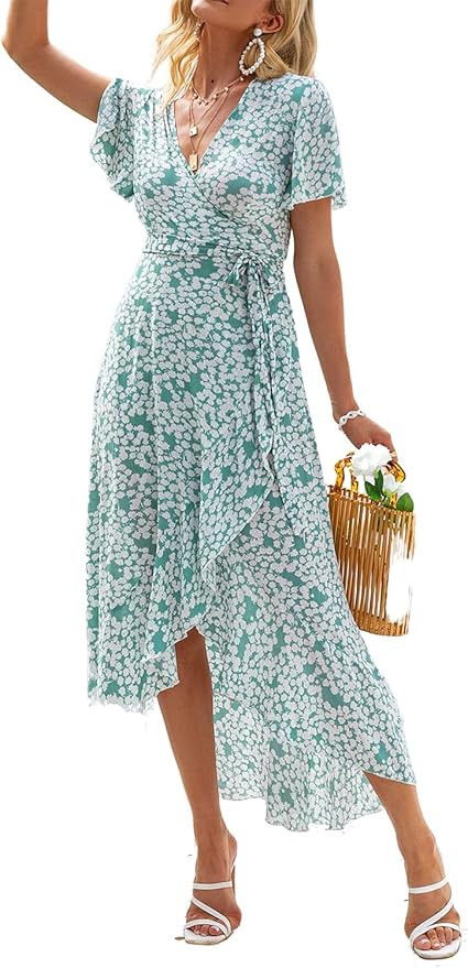 Miessial Women's Summer Chiffon V Neck Ruffle Maxi Dress Polka Dot Long Beach Wrap Dress | Amazon (US)