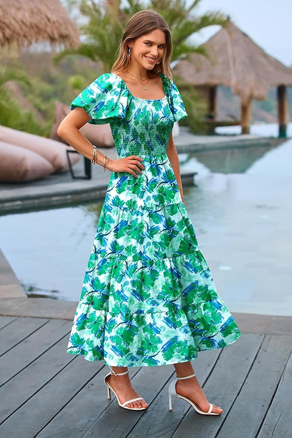 PRETTYGARDEN Women's Casual Summer Midi Dress Puffy Short Sleeve Square Neck Smocked Tiered Ruffl... | Amazon (US)