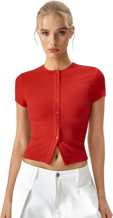 QINSEN Women's Crewneck Short Sleeve T Shirts Ribbed Button Going Out Trendy Tops | Amazon (US)