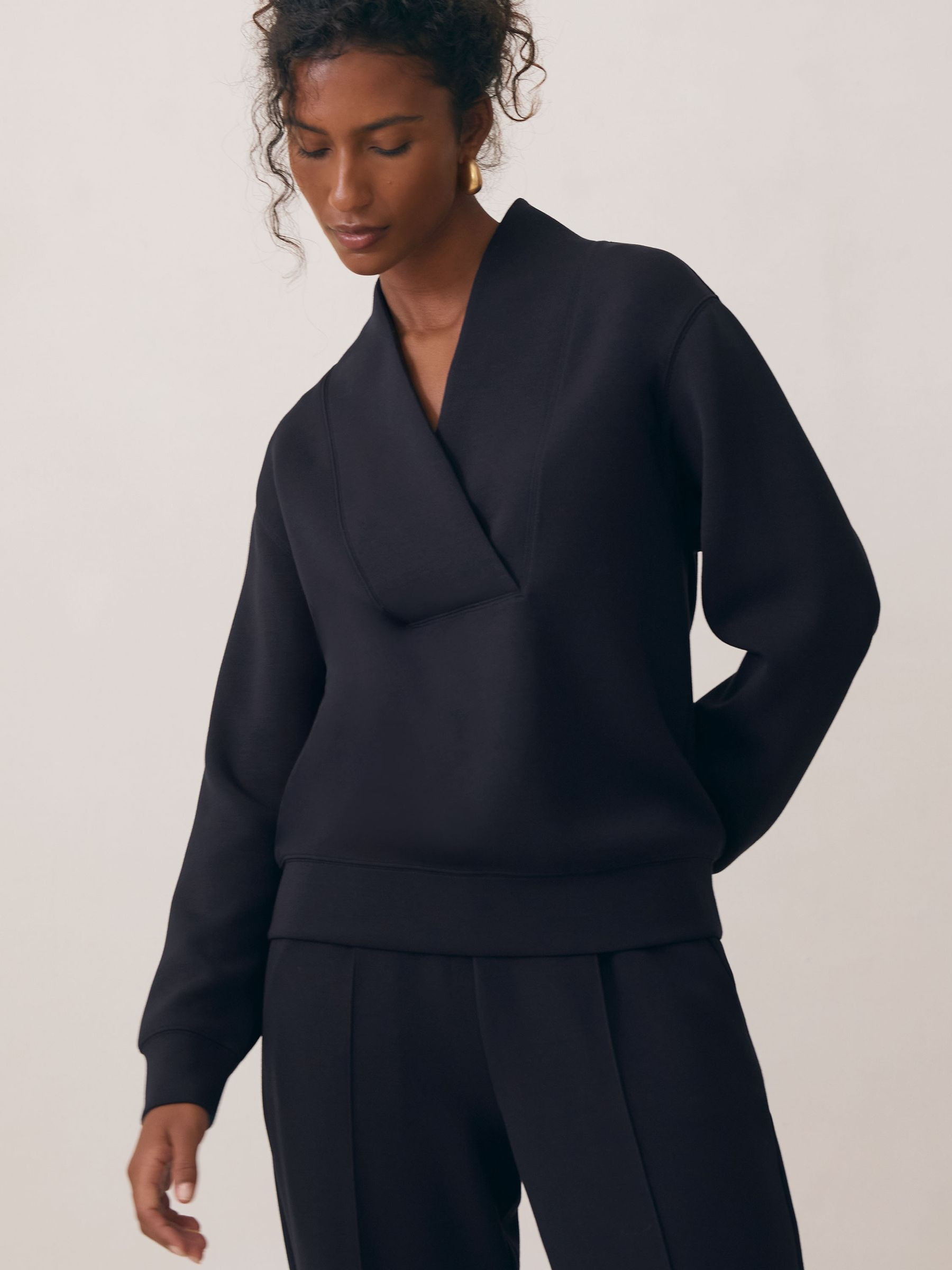 Interlock Shawl-Neck Sweatshirt with Modal in Navy | Reiss UK