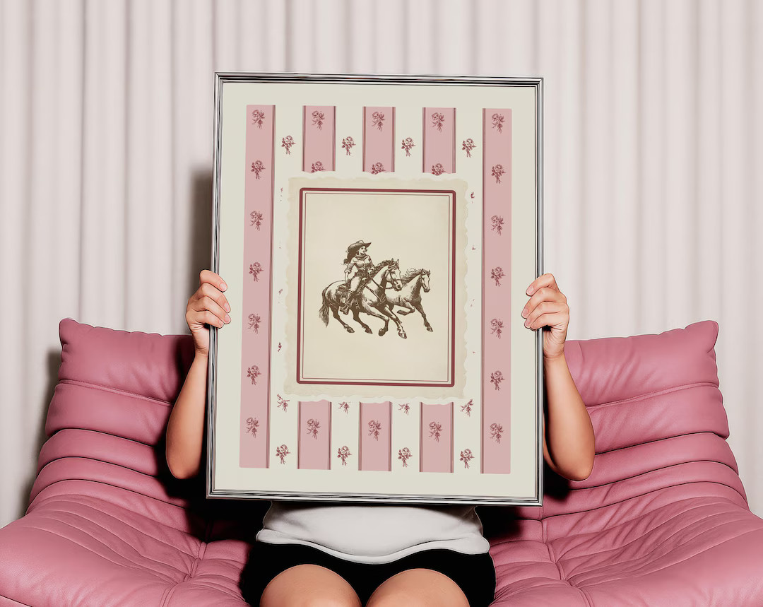 Cowgirl Horseback Riding Art Print: Pink Toile, Western Rodeo (digital Download) - Etsy | Etsy (US)