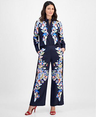 Women's Floral Placement-Print Pull-On Pants | Macy's