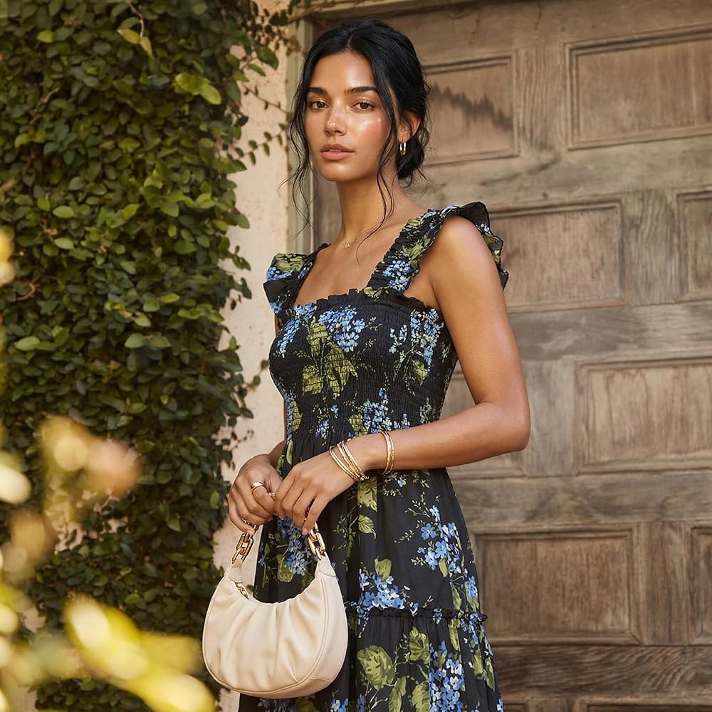 Women\u2019s Smocked Midi Dress with Ruffle Straps, Square Neck Tiered Flowy Sundress | Amazon (US)