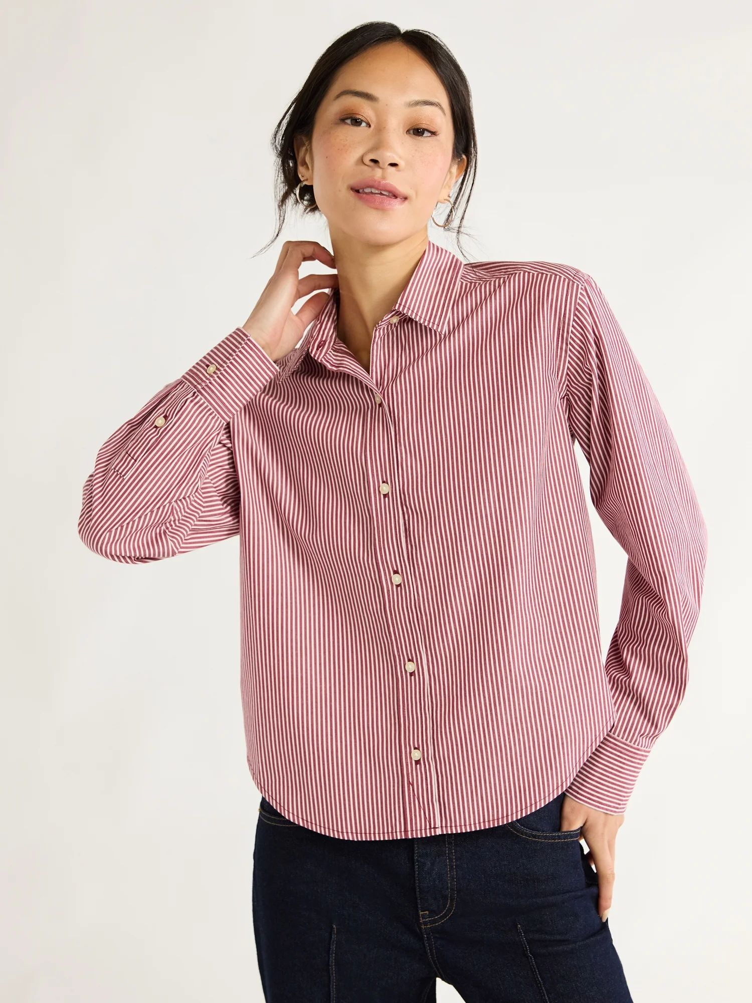 Free Assembly Women’s Cotton Cropped Button Down Shirt with Long Sleeves, Sizes XS-XXL | Walmart (US)