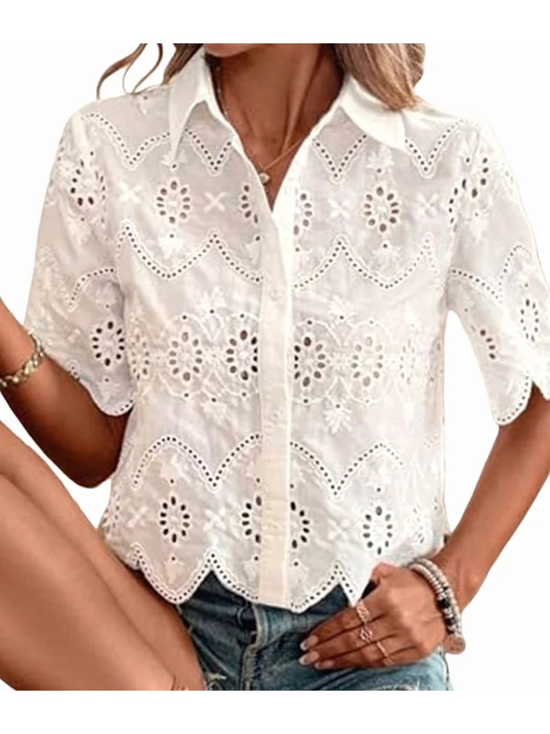 Women Short Sleeve Button Down Collared Blouses Embroidery Eyelet Top White L | Walmart (US)