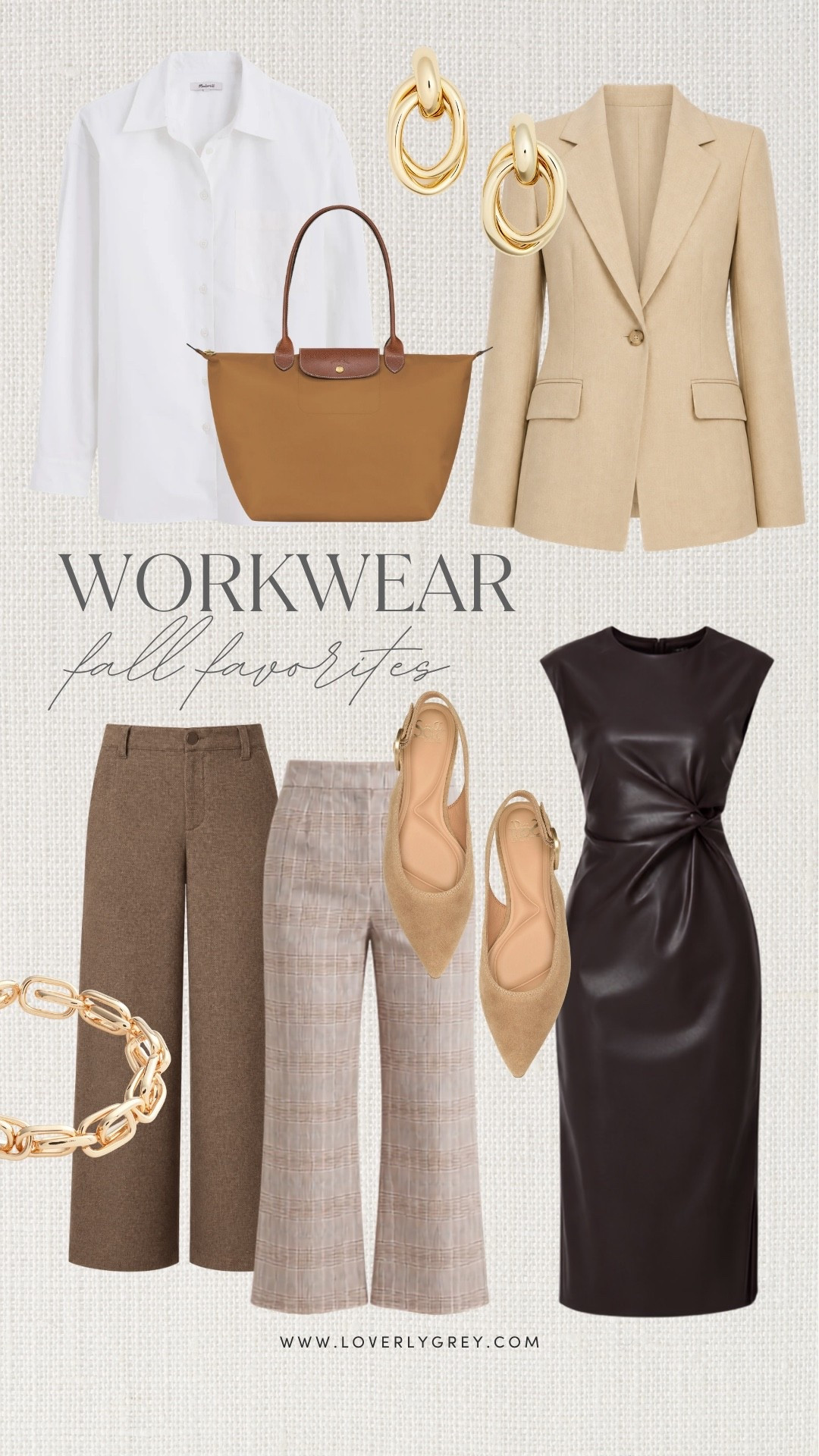 Fall workwear favorites featuring tailored trousers, a linen blazer, crisp white button down, plaid pants, slingback flats and a chocolate brown midi dress. Polished office outfit ideas in warm neutral shades for fall!

#LTKWorkwear #LTKSeasonal