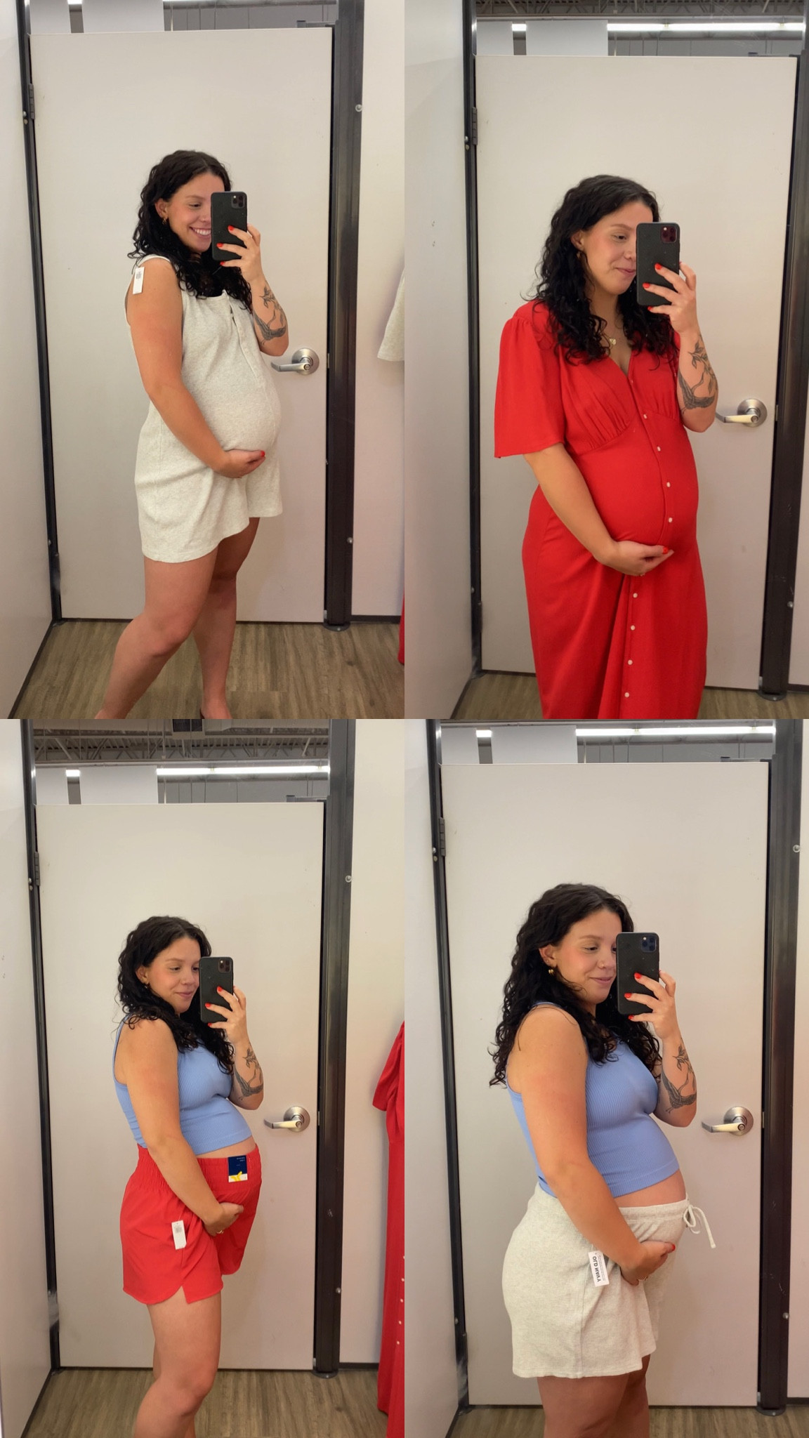 Oldnavy came through today!!! 6 months pregnant + loving these new styles! I sized up one size in everything except the tank tops 🍒