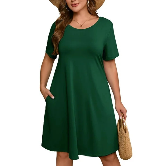 SHOWMALL Women's Plus Dresses Short Sleeves Casual T-Shirt Dresses with Pockets 3X Dark Green | Walmart (US)