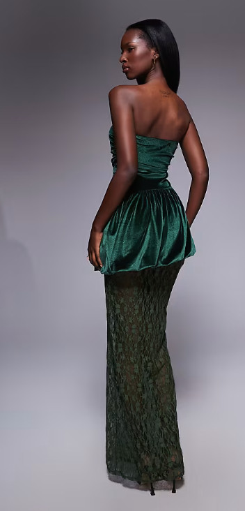 ASOS DESIGN velvet bandeau peplum midi dress with lace skirt in green 💚 

 #LTKHoliday #LTKOver40